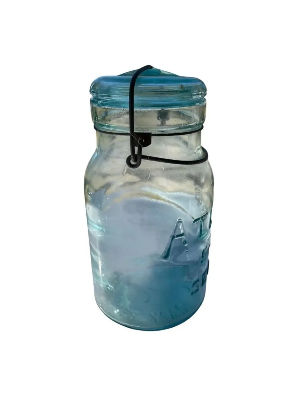 Antique Aqua Blue Atlas E-Z Seal Glass Canning Jar, w/Lid & Wire Bail.